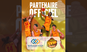 Affiche officielle du partenariat entre Minodier EGCM et le Saint-Vallier Basket Drôme (SVBD). Logos des partenaires et joueurs en action.