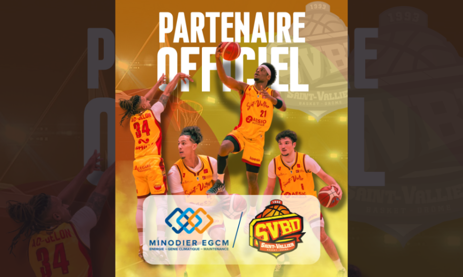 Affiche officielle du partenariat entre Minodier EGCM et le Saint-Vallier Basket Drôme (SVBD). Logos des partenaires et joueurs en action.